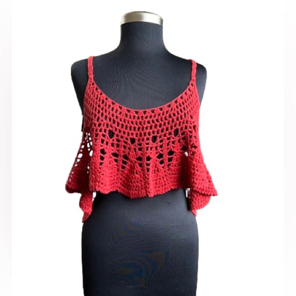 Free People Crocheted Crop Top Free Bird Rust Red Scalloped Hem Size L